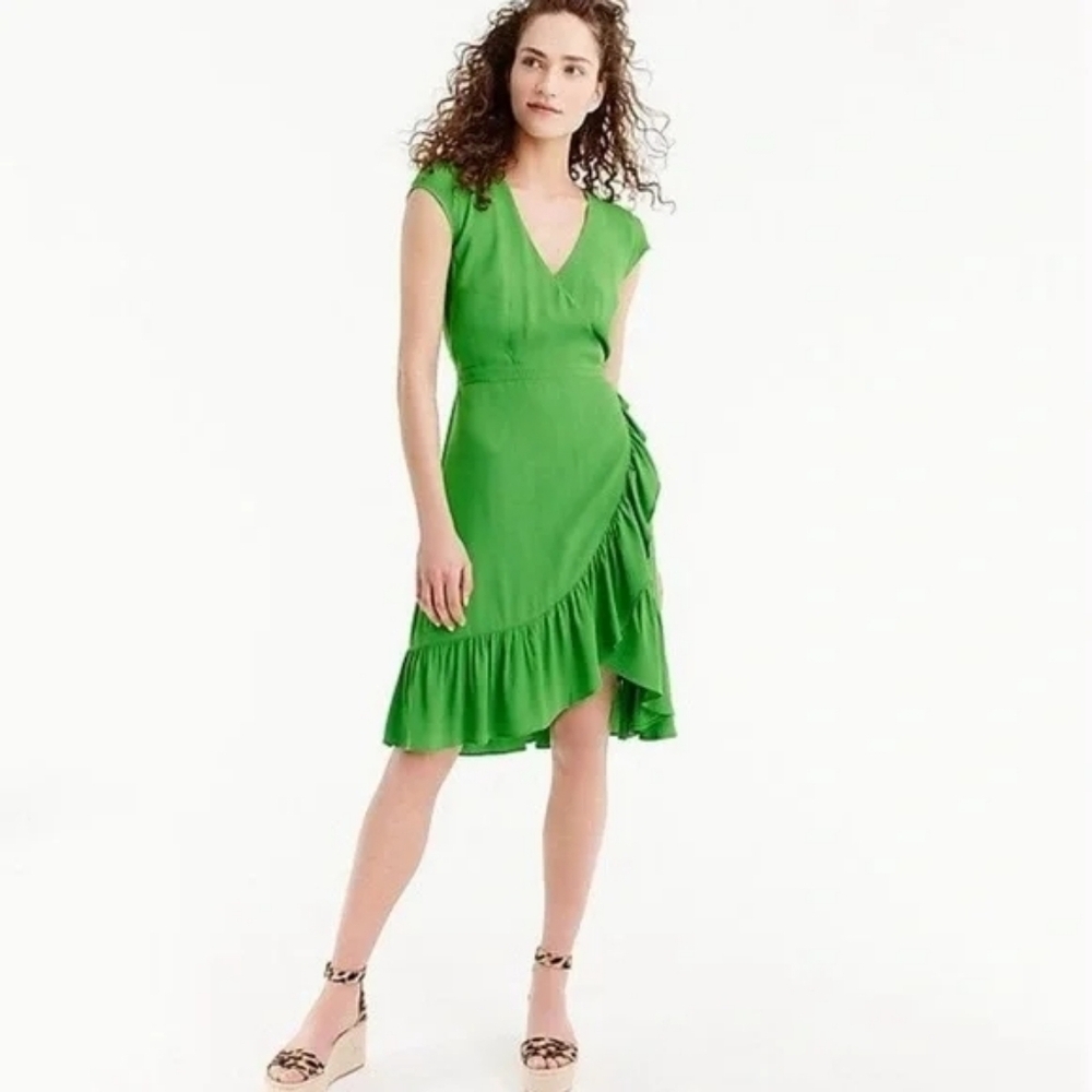 J. Crew Dress Green Wrap Front Ruffle Asymmetric Hem